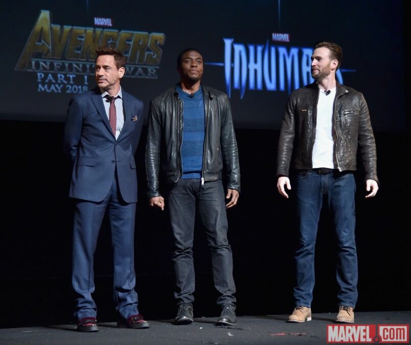 Robert Downey Jr. (Iron Man), Chadwick Boseman (Black Panther), and Chris Evans (Captain America) on stage at Marvel's Phase 3 Event / photo courtesy Marvel.com