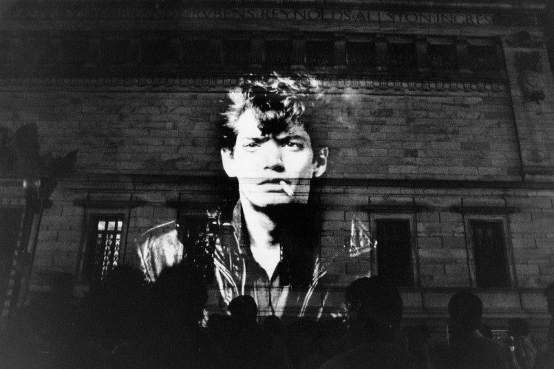 WASHINGTON, DC - JUNE 30: Projection of a Robert Mapplethorpe self-portrait during a protest at the Corcoran Gallery of Art. Photographed June 30, 1989 in Washington, DC. (Photo by Carol Guzy/The Washington Post via Getty Images)