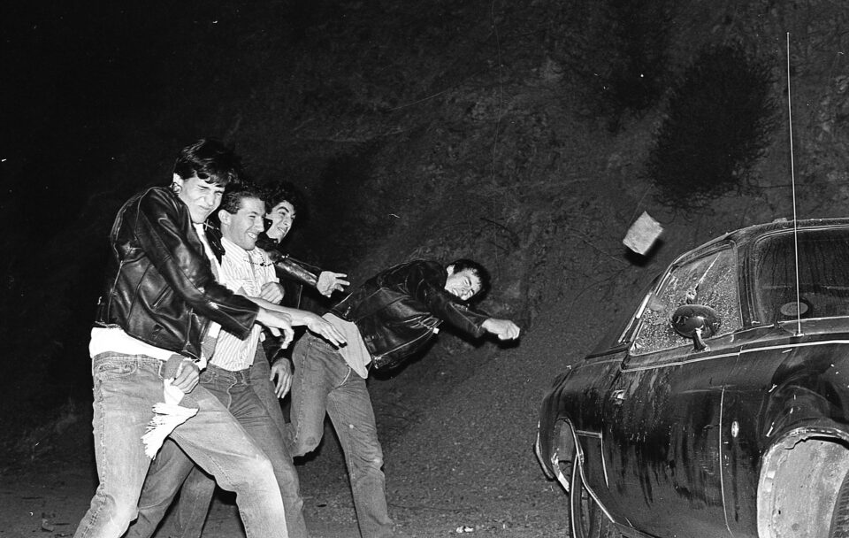 Edward Colver - My Wasted Youth Flip photograph of skateboarder/Punk  Chuck Burke stage diving, taken during a DOA, Adolescents & Stiff Little  Fingers show at Perkins Palace, Pasadena, Ca. July 4th 1981.